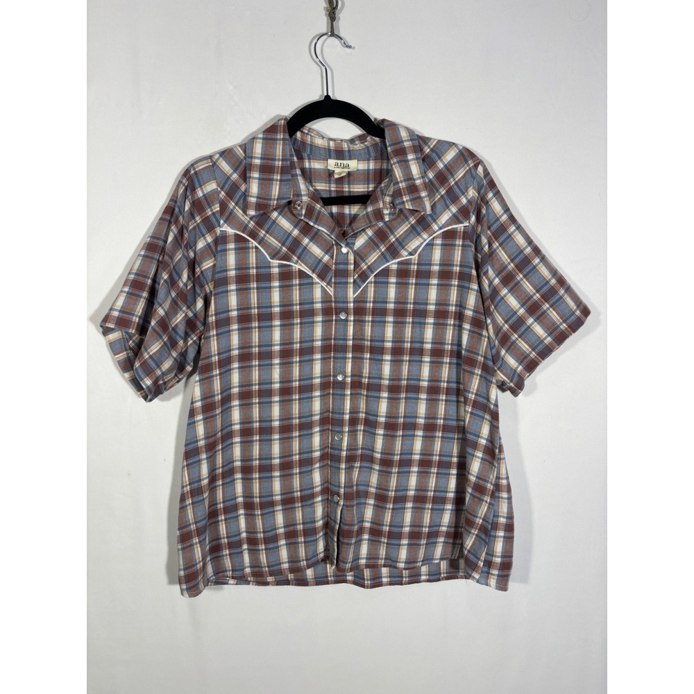 Western Cowgirl a.n.a Womens Large Brown Blue Plaid Pearl Snap Short Sleeve Top